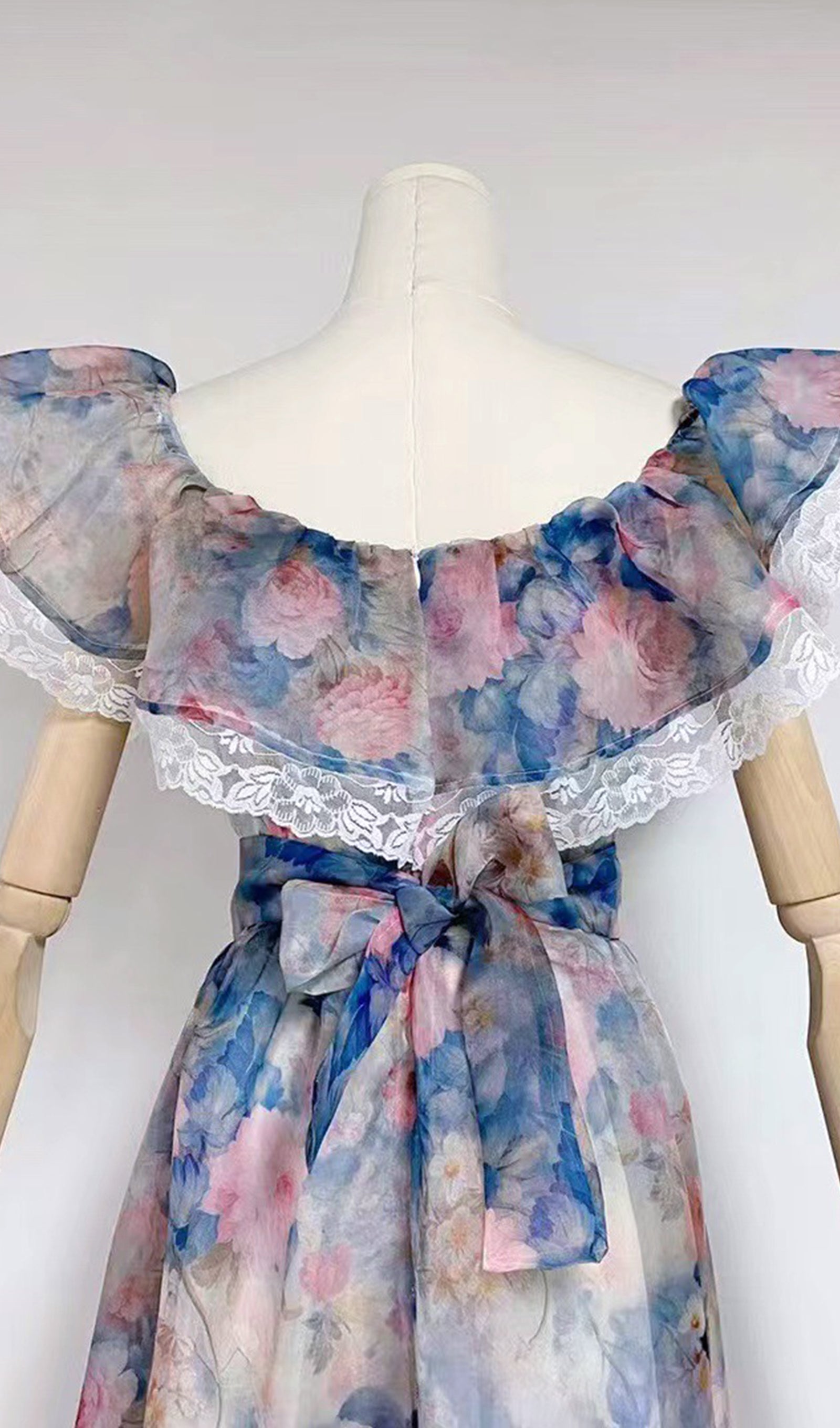 Floral Ruffled V-Neck Fitted and Flare Maxi Dress