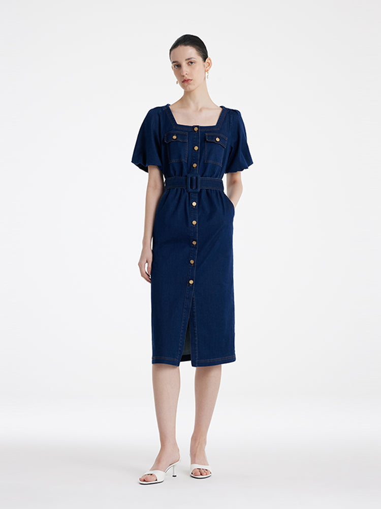 Damen-Midikleid aus Jeansstoff mit Puffärmeln und eckigem Ausschnitt, inklusive Gürtel 