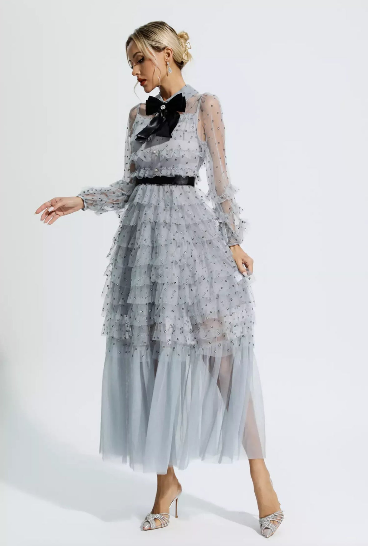 Mesh Maxi Dress with Bow 