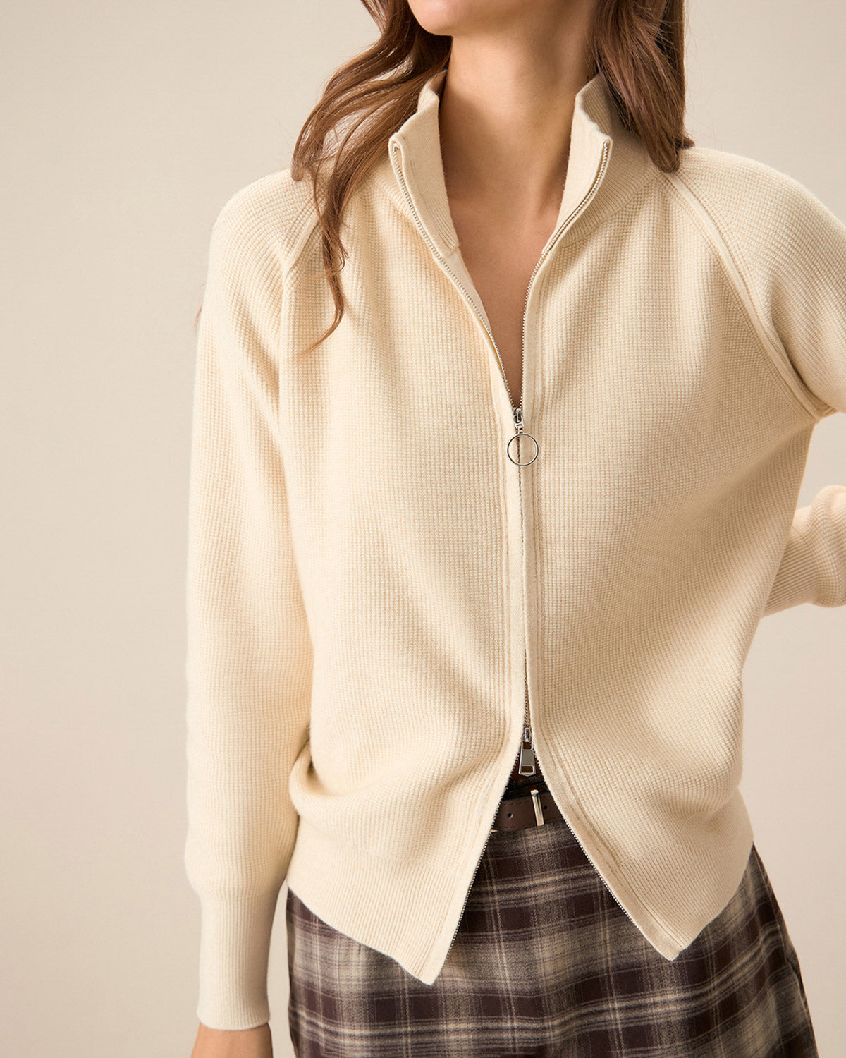 Apricot Ribbed Knit Zippered Cardigan