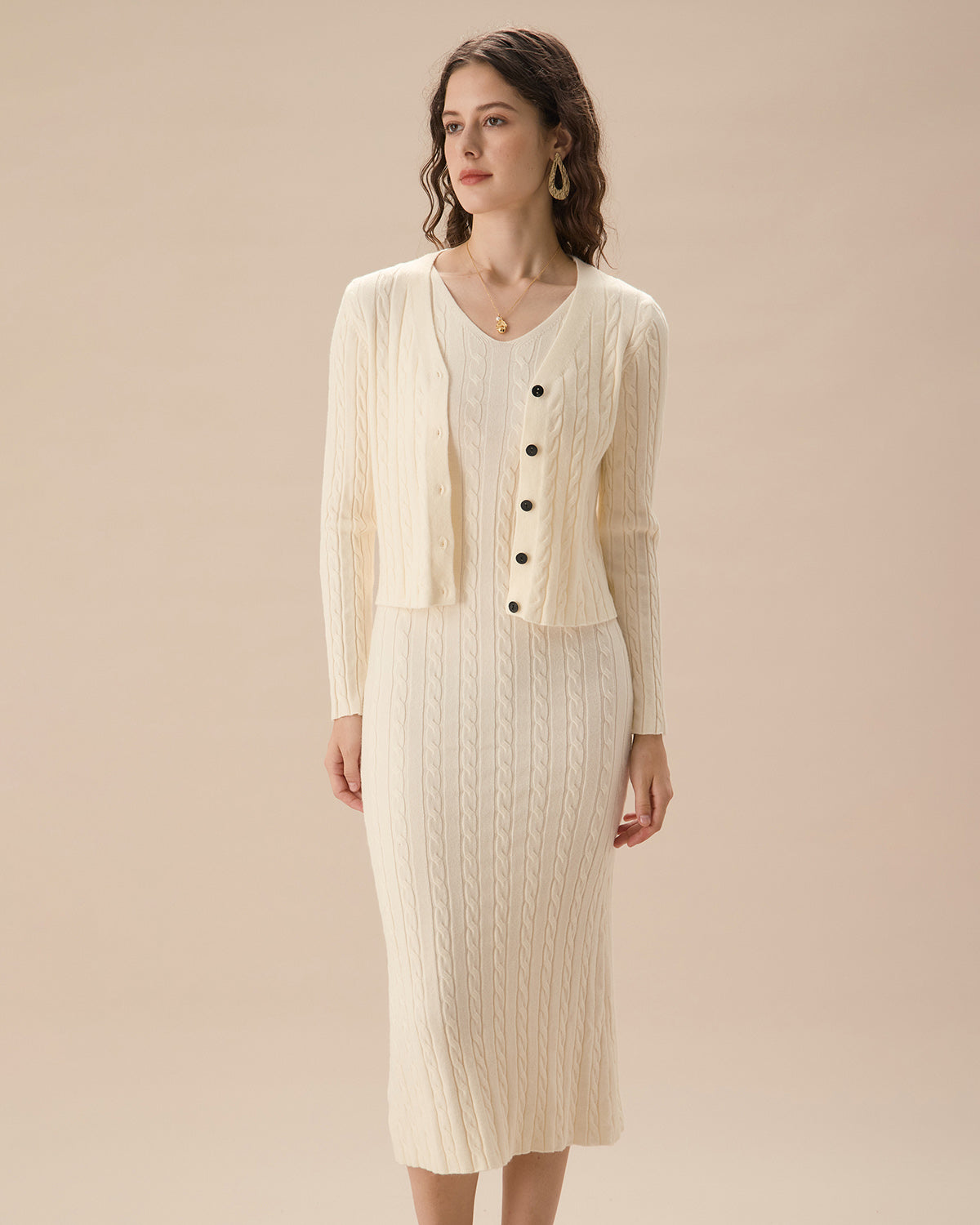 Beige Ribbed Knit Single Row Button Cardigan