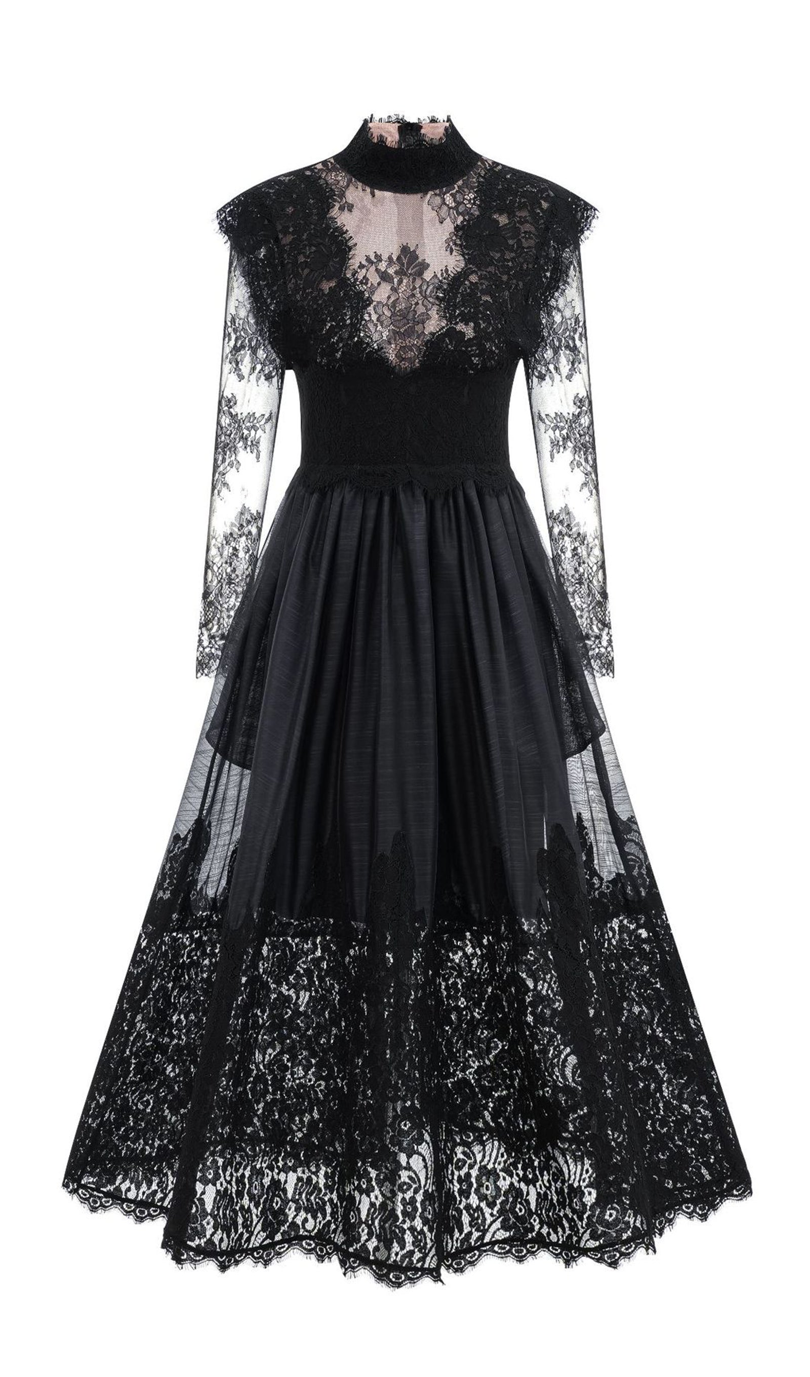 Long Sleeve Lace Fitted and Flare Midi Dress Black