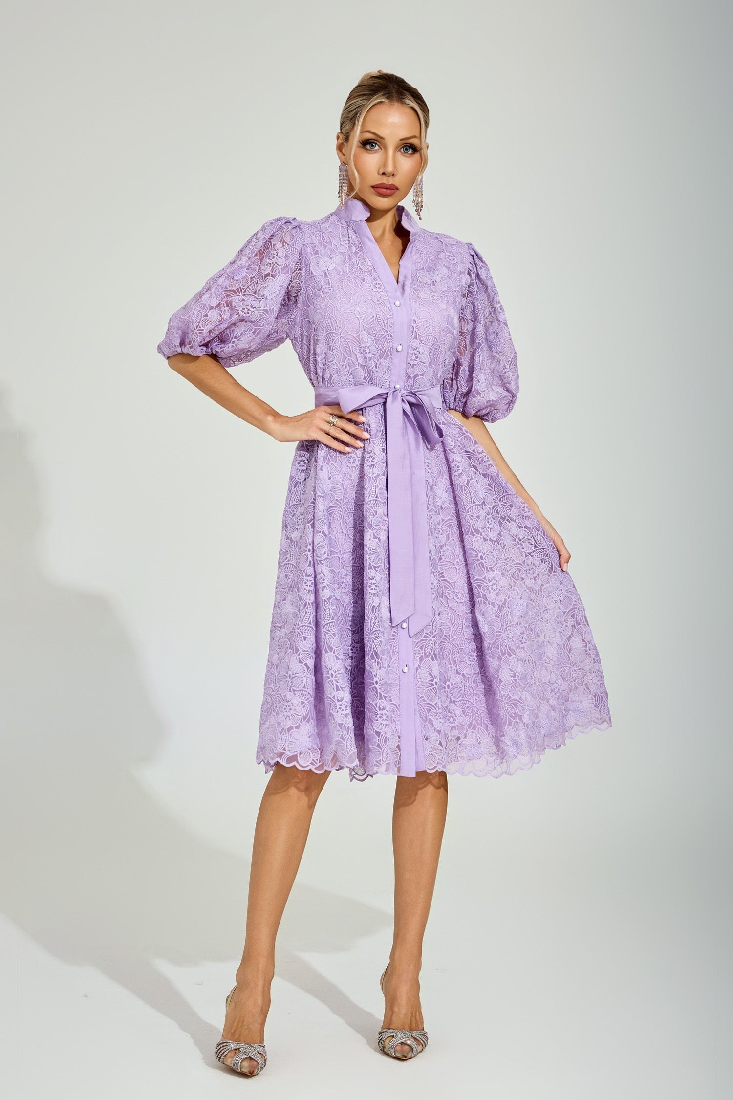 Lilac Blossom Lace Midi Dress