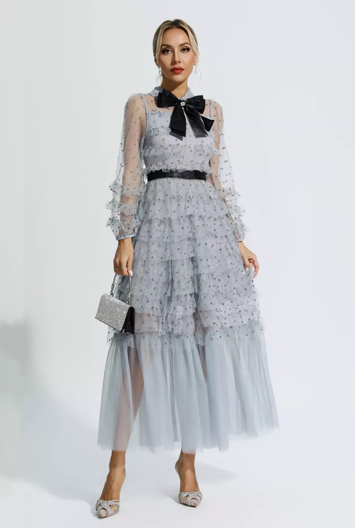 Mesh Maxi Dress with Bow 