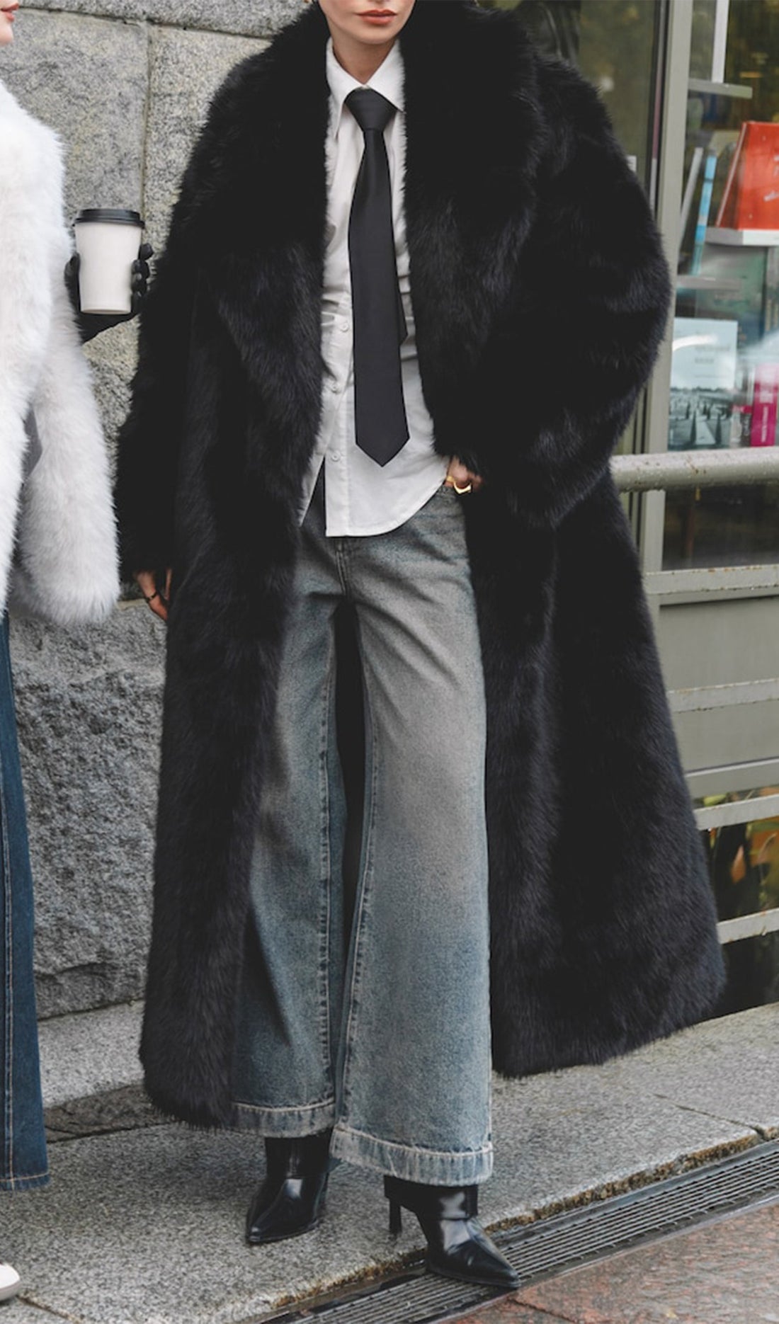 Black Long Eco Fur Coat