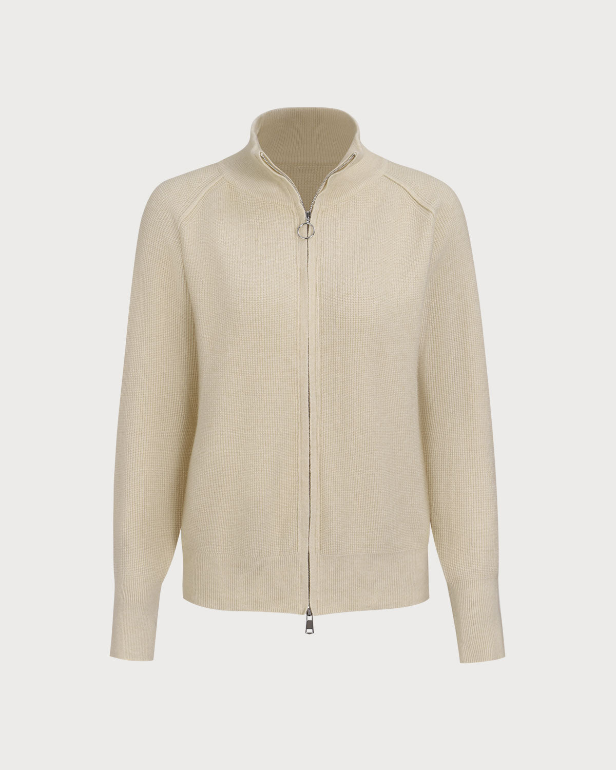 Beigefarbene, gerippte Strickjacke mit Reißverschluss