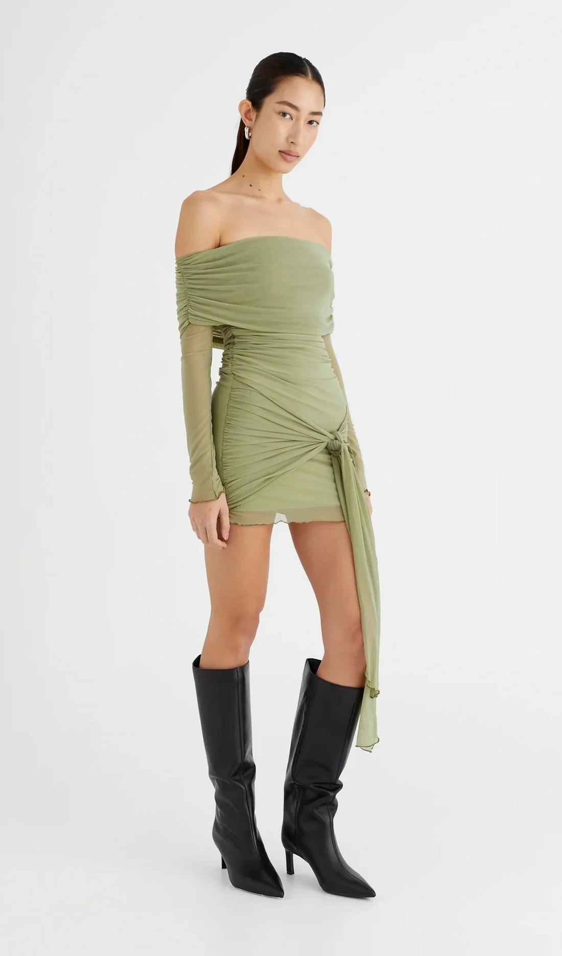 Off-Shoulder Transparent Mesh Mini Dress - Green 