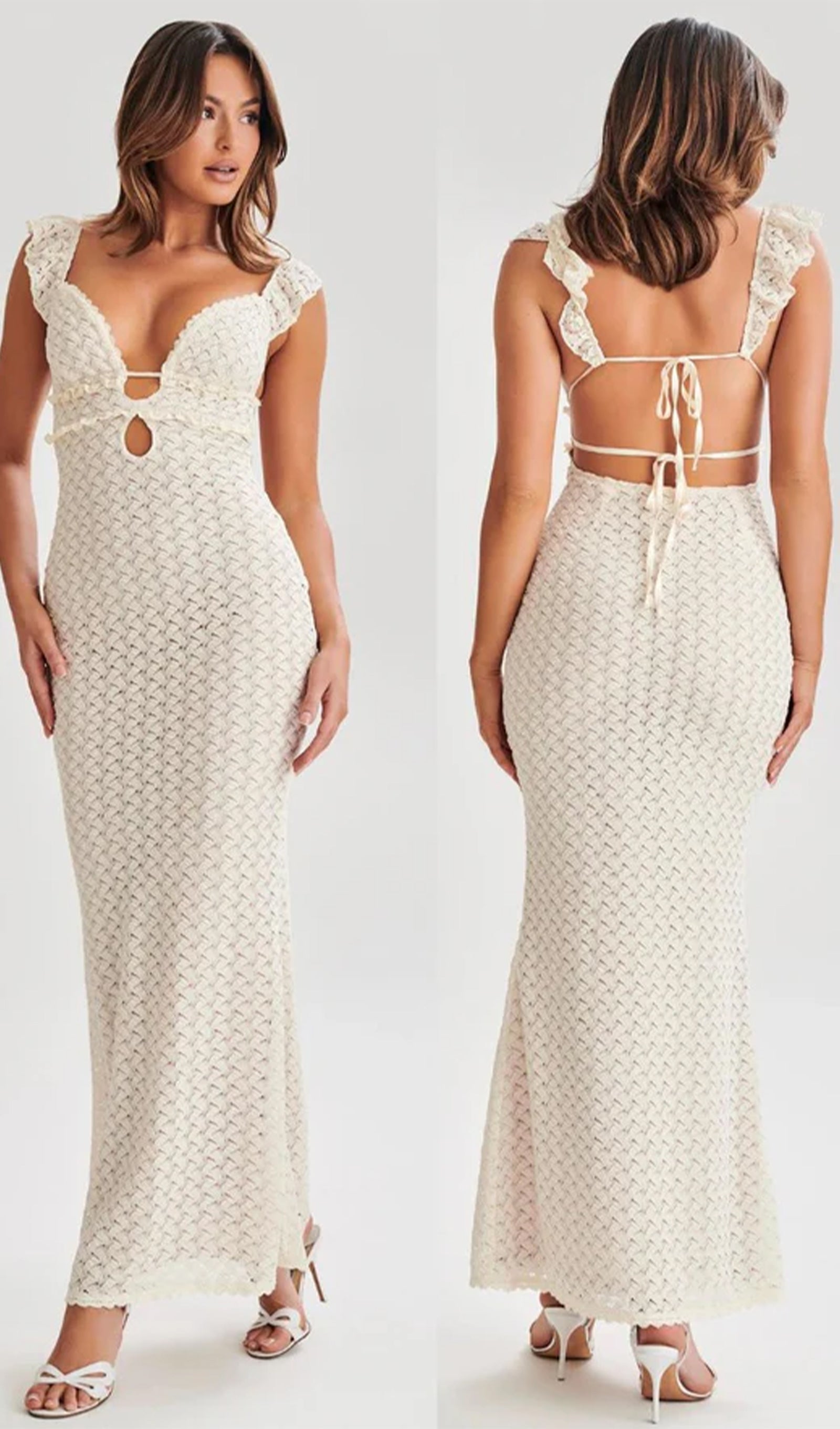Rüschen-Maxikleid aus Strick mit offenem Rücken 