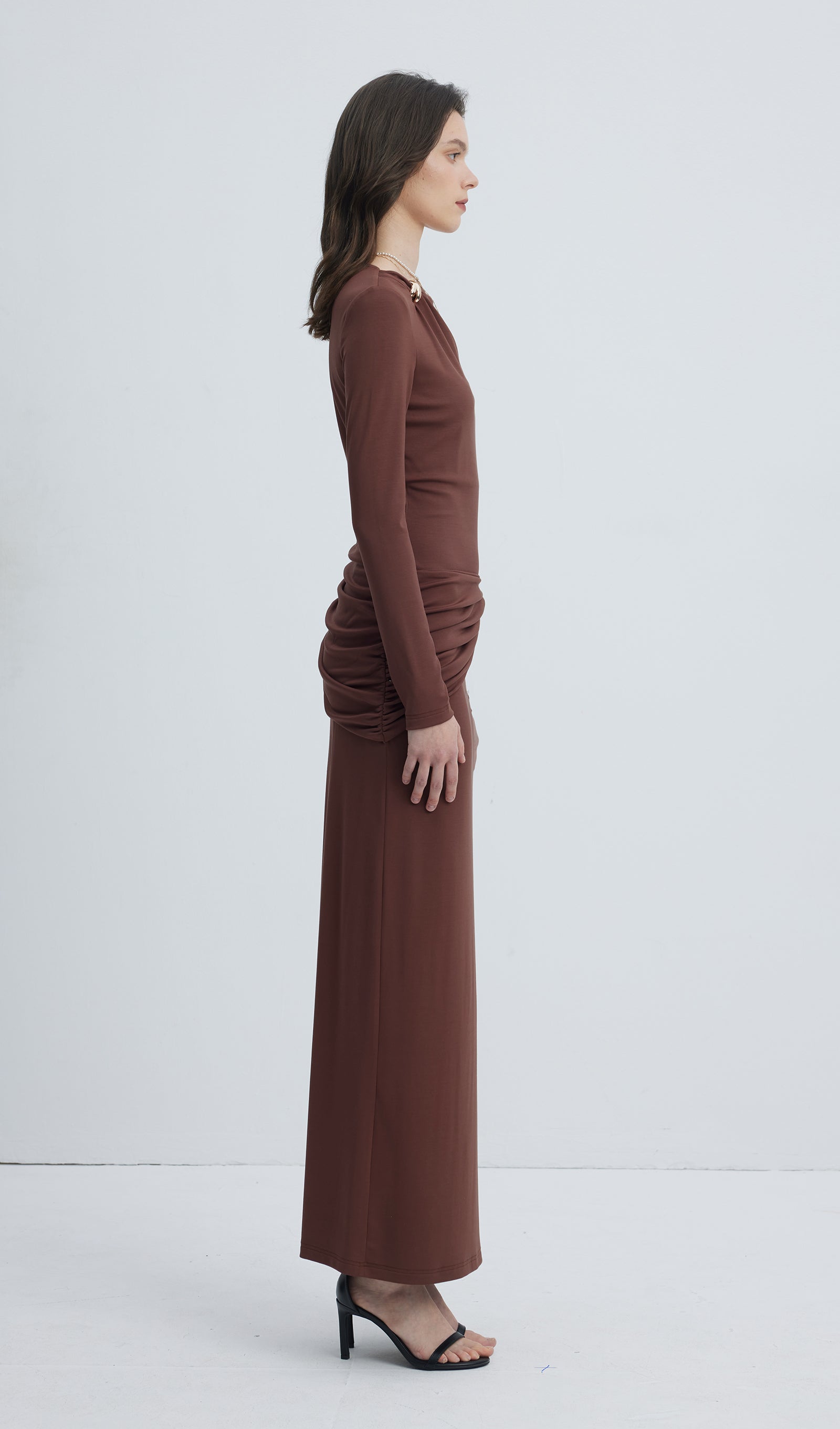 Jersey Seductive Fitted Maksi Elbise-Kahverengi