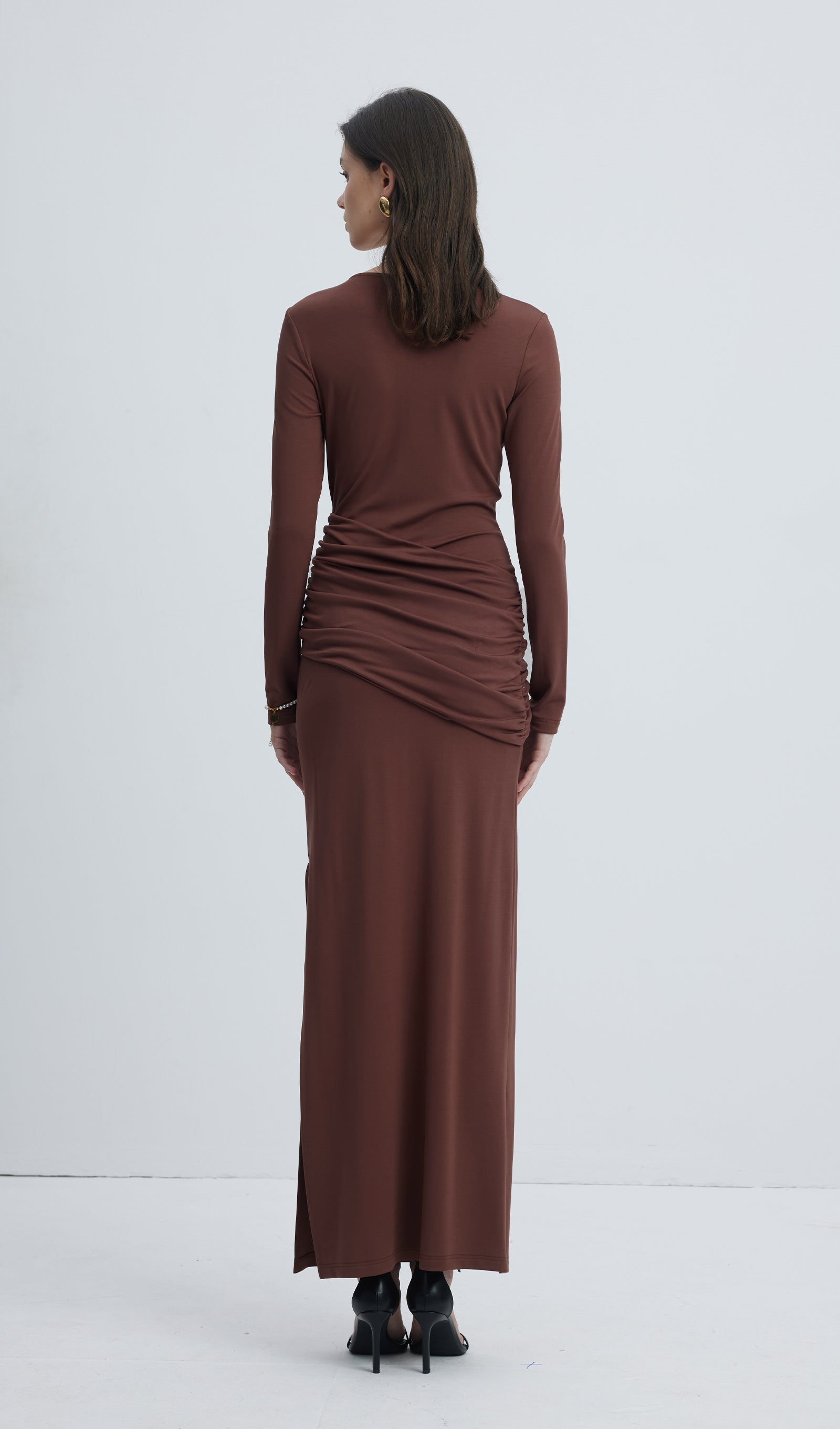 Jersey Seductive Fitted Maksi Elbise-Kahverengi