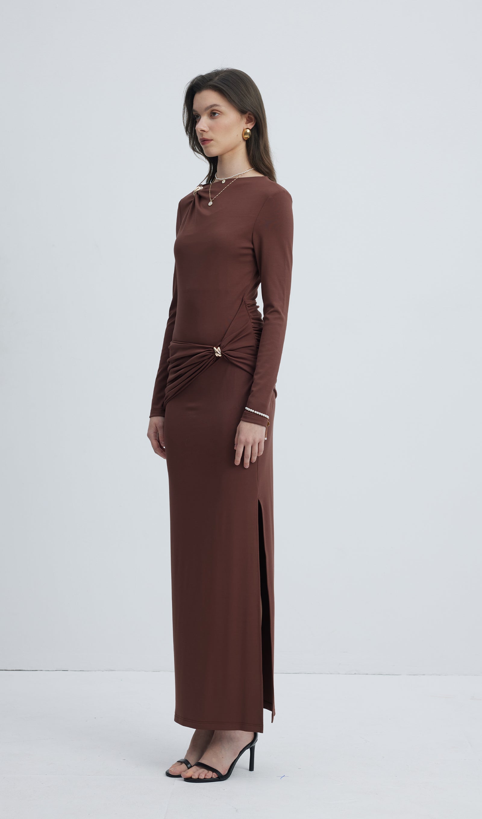 Jersey Seductive Fitted Maksi Elbise-Kahverengi