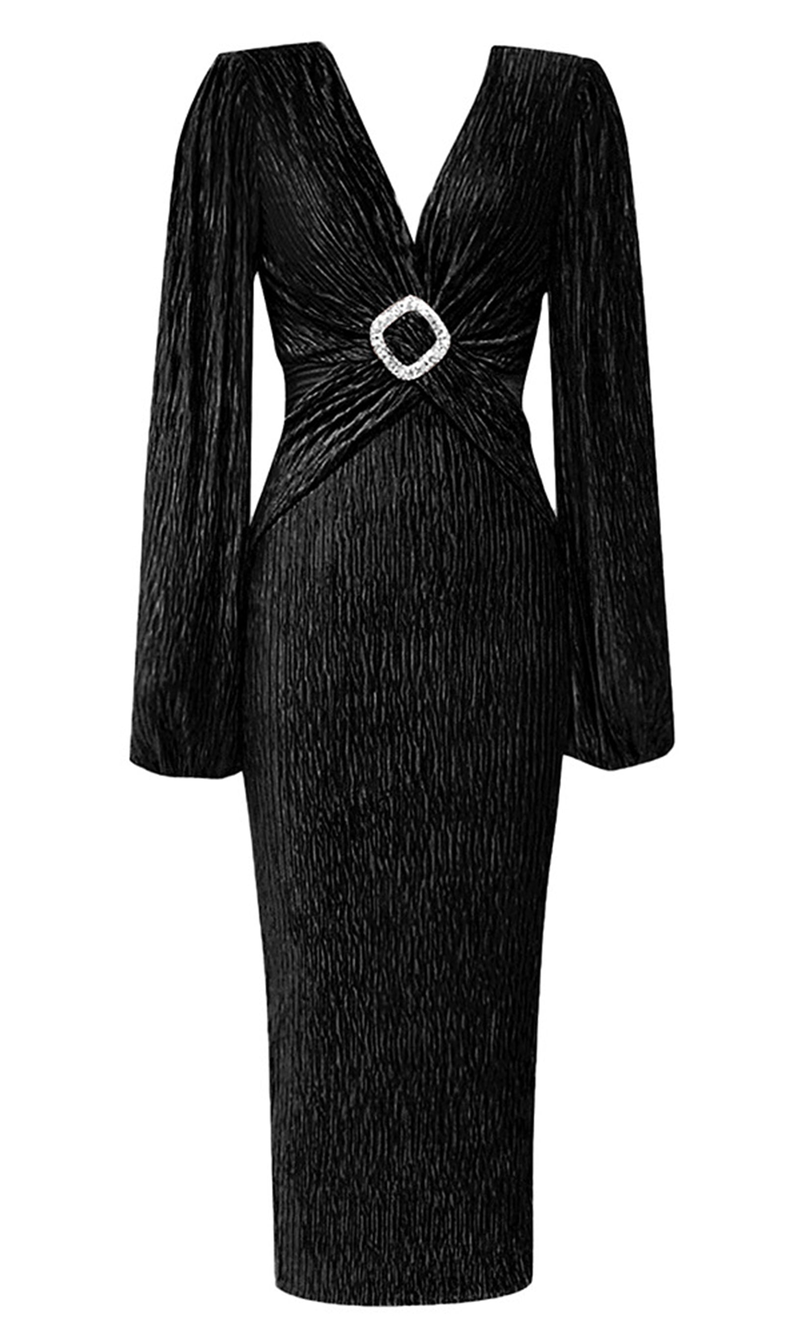 Siyah V Yaka Bodycon Midi Elbise