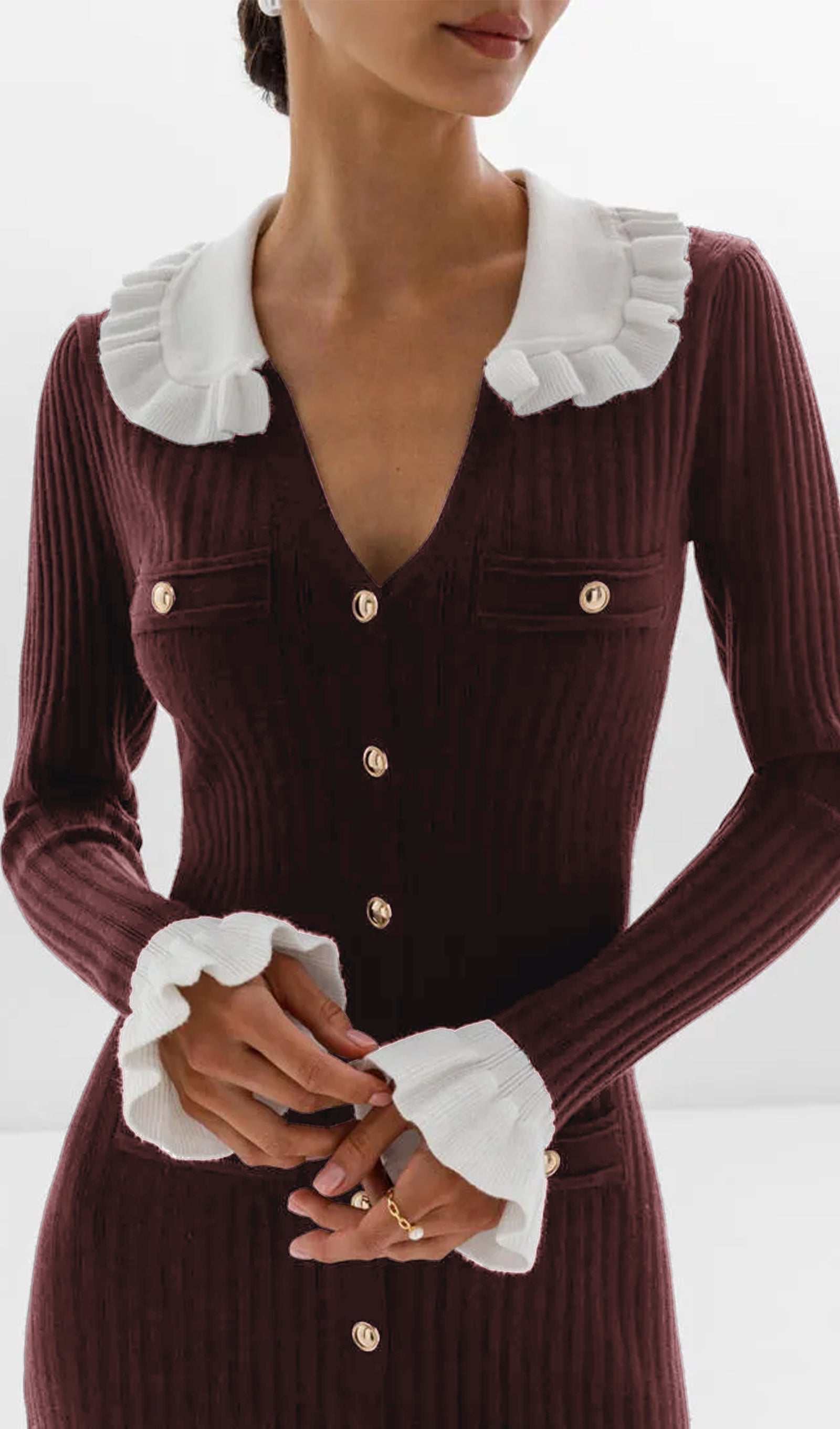 Jersey Ruffle Collar Midi Dress - Reddish Brown 