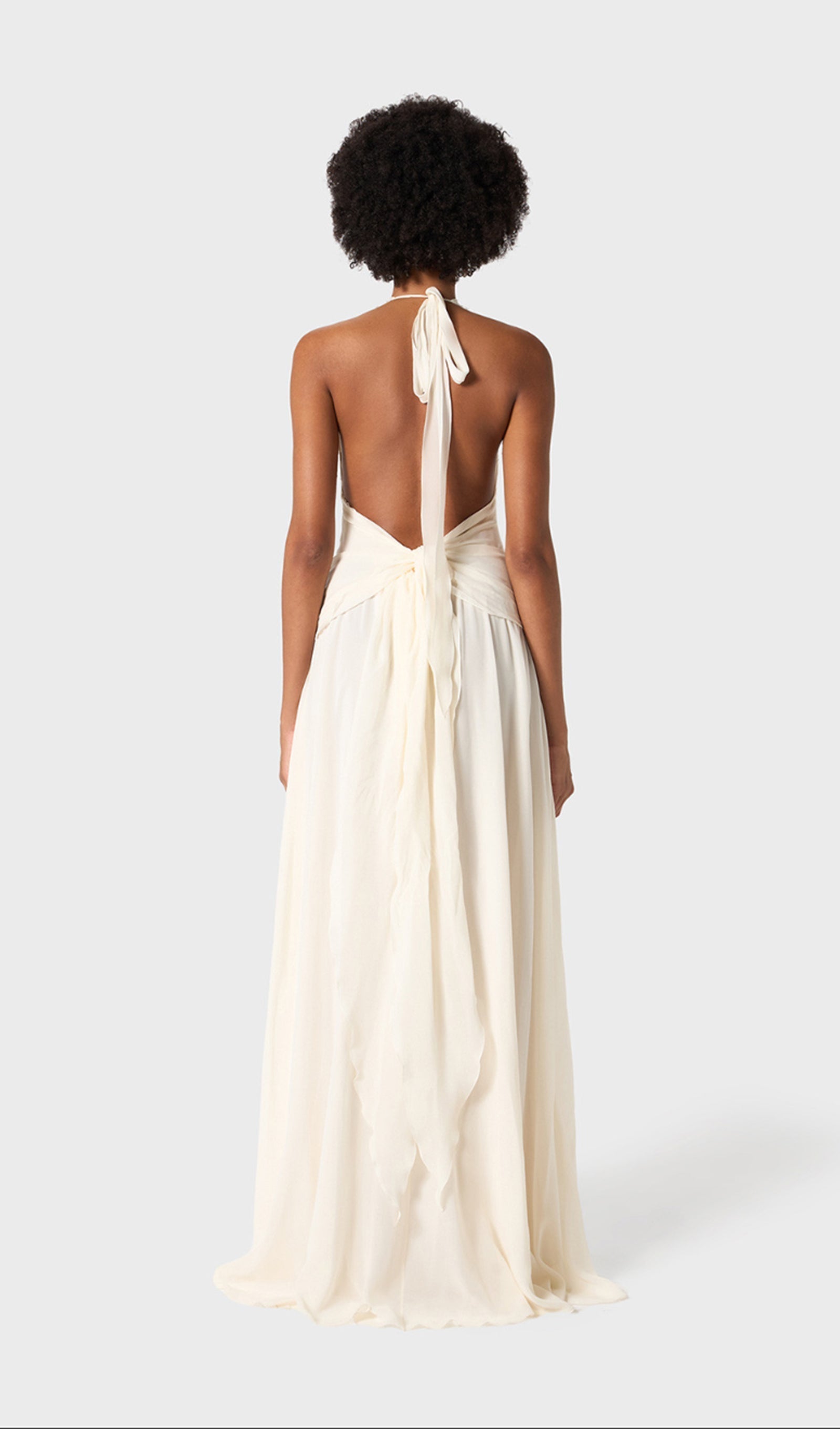 Halter Ruffles Maxi Dress with Rose Embellishments 