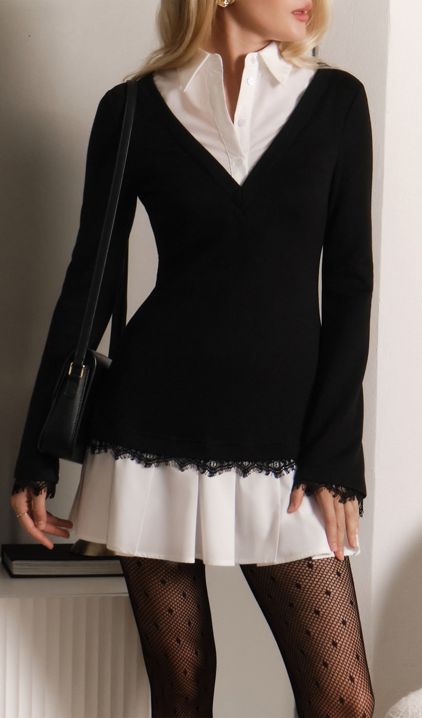 Hemdblusen-Minikleid mit Imitationsspitzenbesatz 
