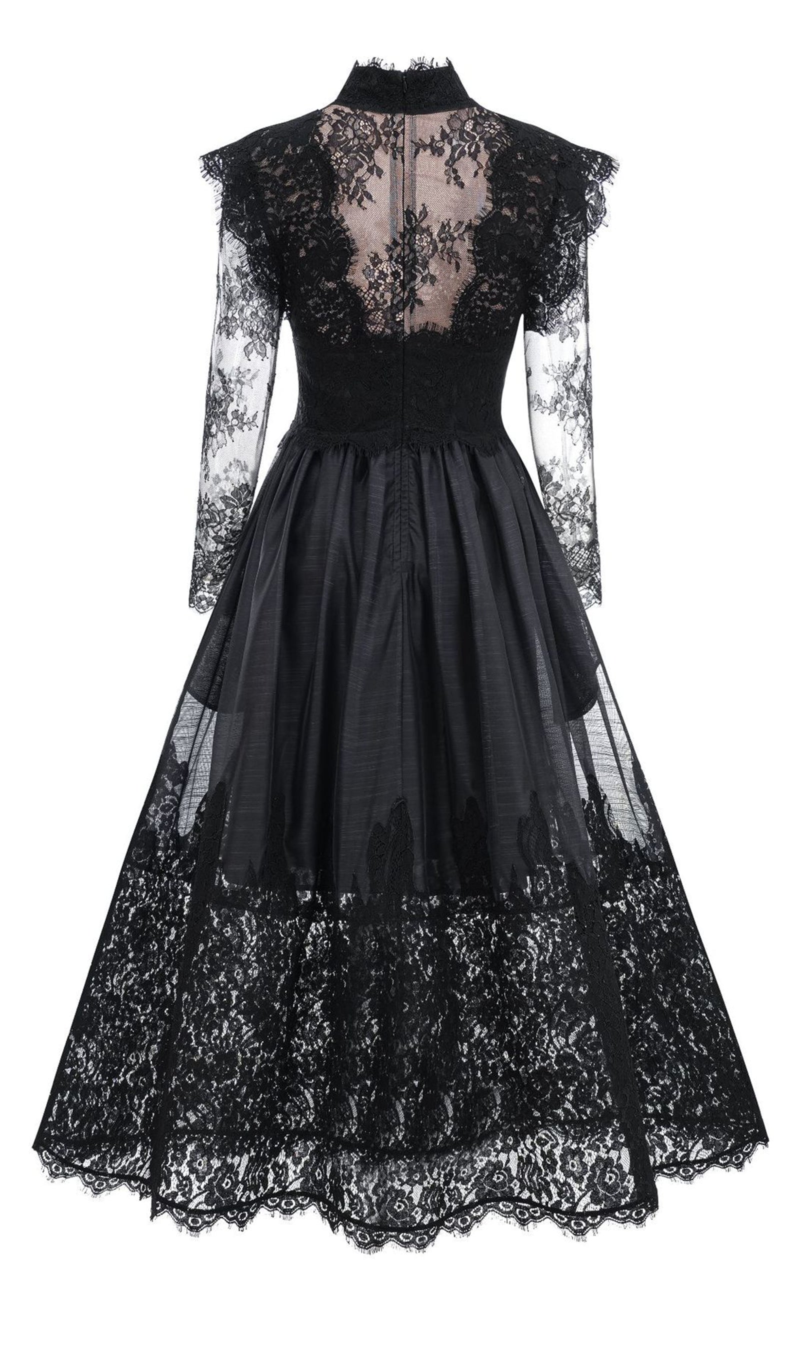 Long Sleeve Lace Fitted and Flare Midi Dress Black