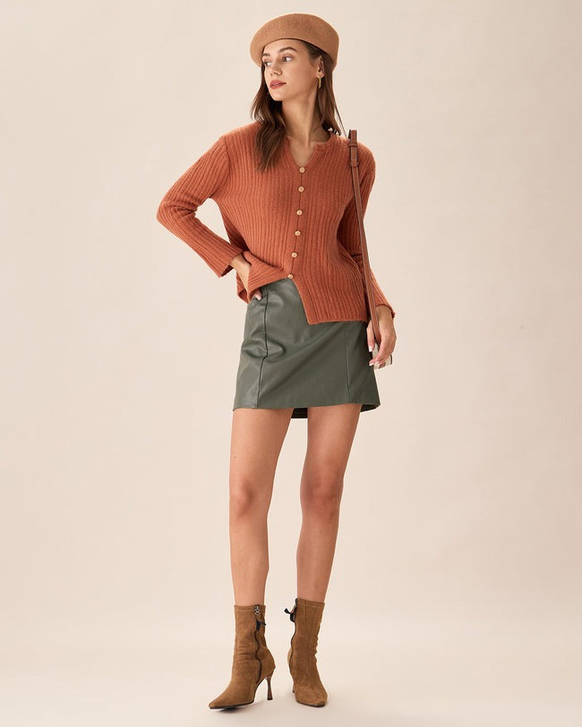 Caramel Buttoned Narrow Slit Cardigan