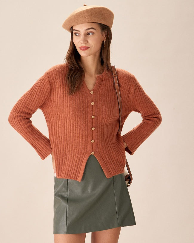 Caramel Buttoned Narrow Slit Cardigan