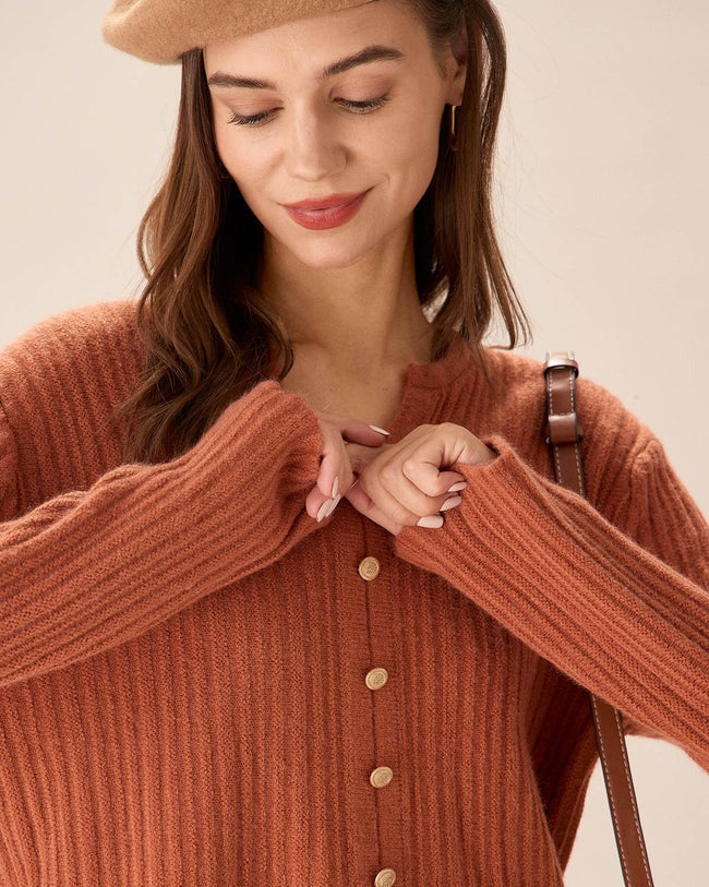 Caramel Buttoned Narrow Slit Cardigan