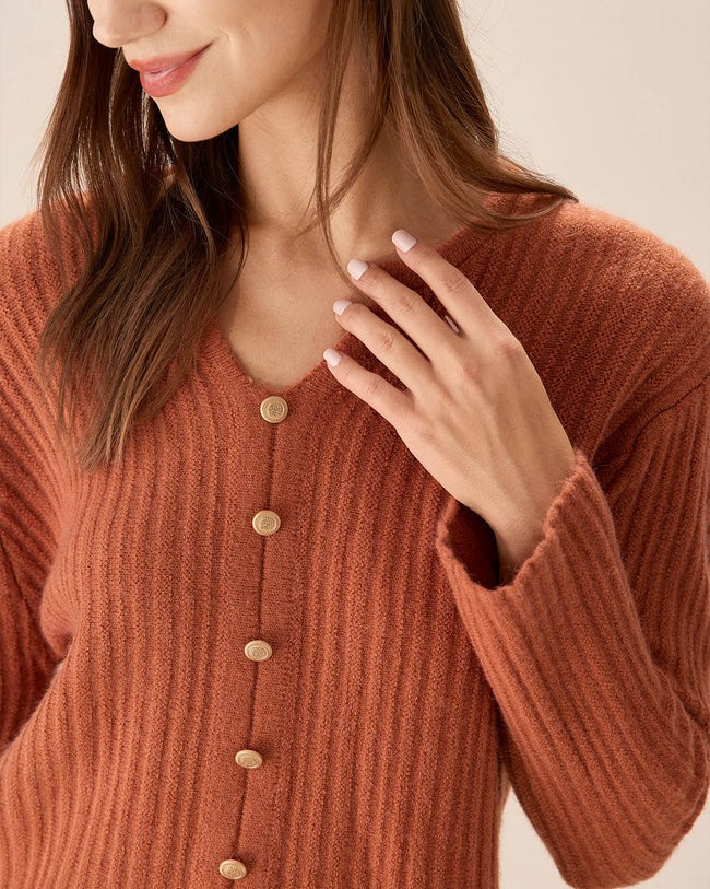 Caramel Buttoned Narrow Slit Cardigan