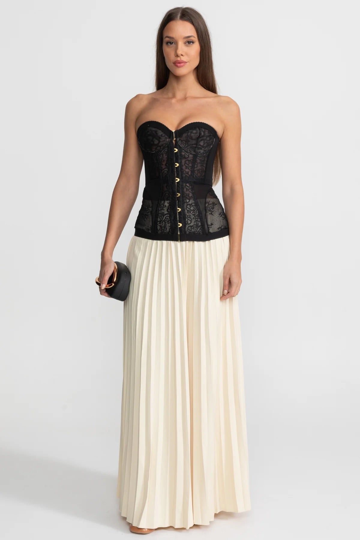 Trägerloses Spitzenkorsett-Top mit Faltenrock und Vorderverschluss