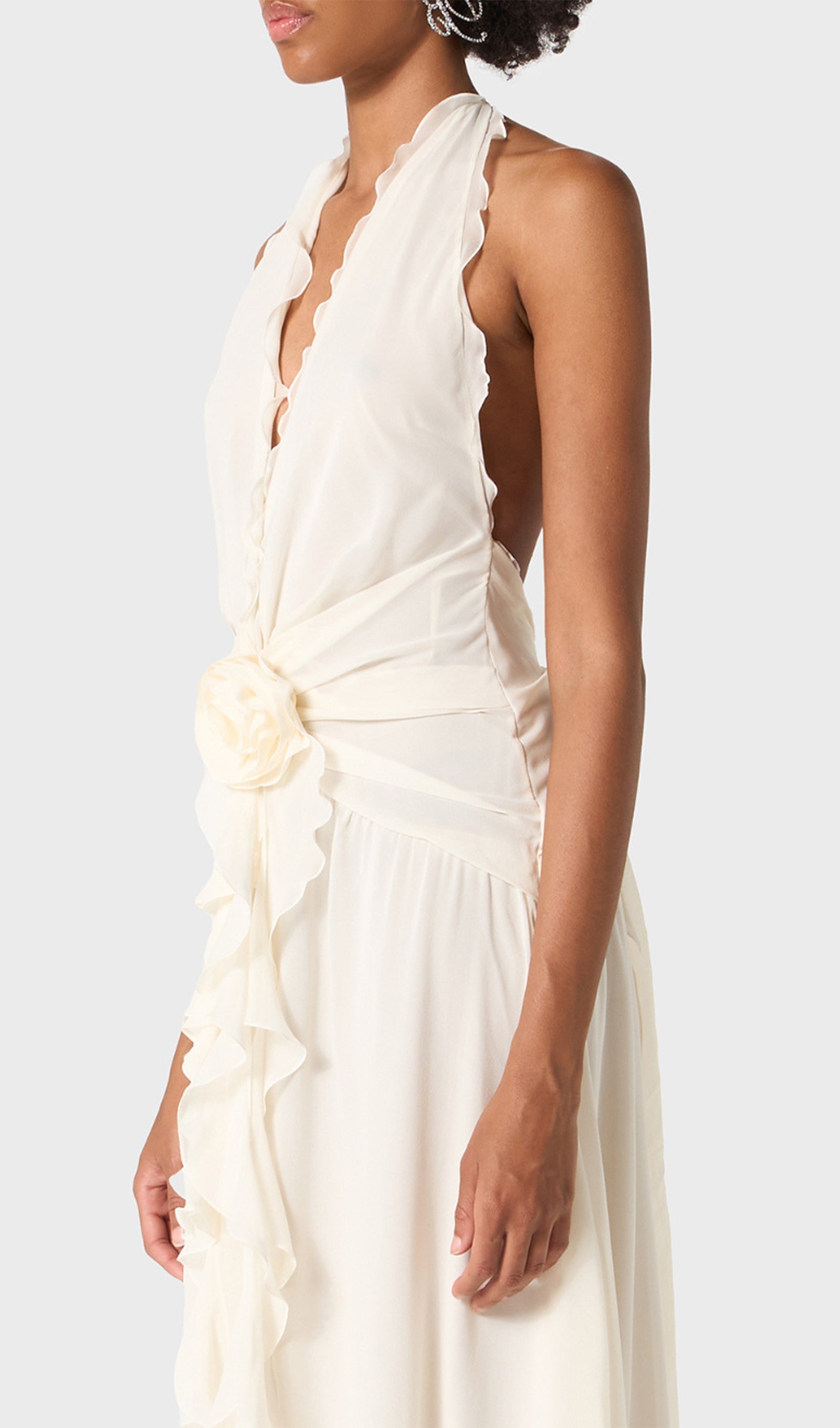 Halter Ruffles Maxi Dress with Rose Embellishments 