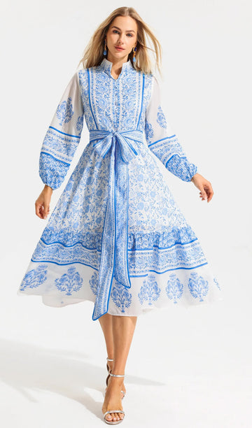 Midikleid mit Blumenmuster, Puffärmeln, tailliert und ausgestelltem Schnitt