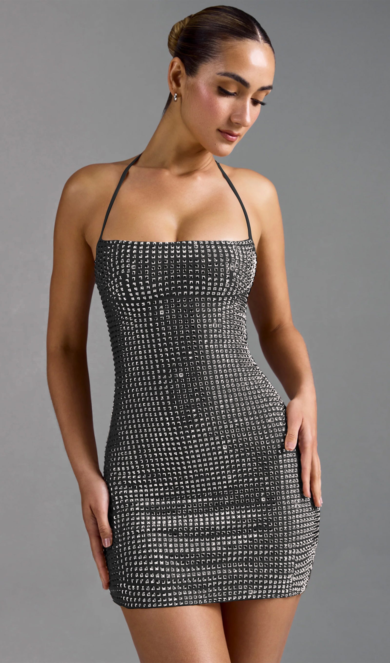 Stone Embellished Halter Neck Mini Dress Black 