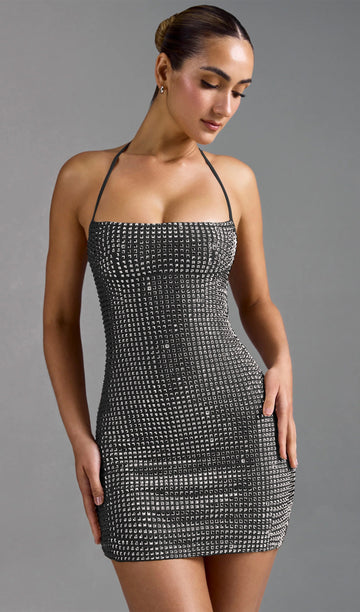 Stone Embellished Halter Neck Mini Dress Black 