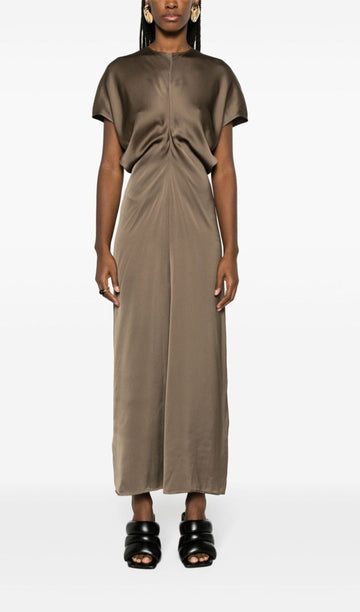 Slouch Waist Satin Midi Dress - Brown 