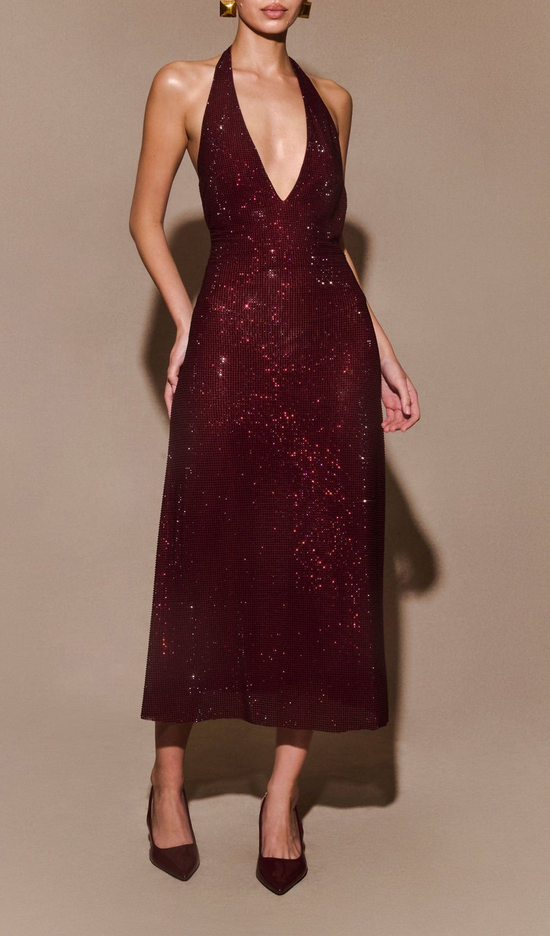 Diamante Halter Midi Dress - Mahogany 