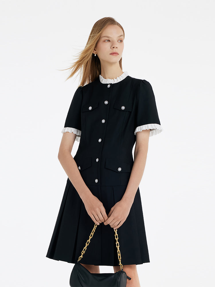 Women's Black Mini Sport Dress with Ruffle Trim and Pearl Buttons 