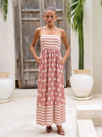 Gepunktetes, gestreiftes Patchwork-Maxikleid