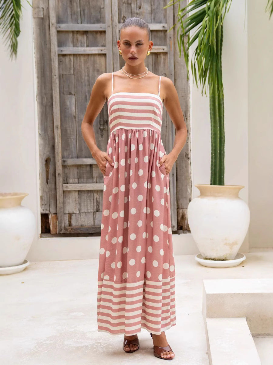 Gepunktetes, gestreiftes Patchwork-Maxikleid