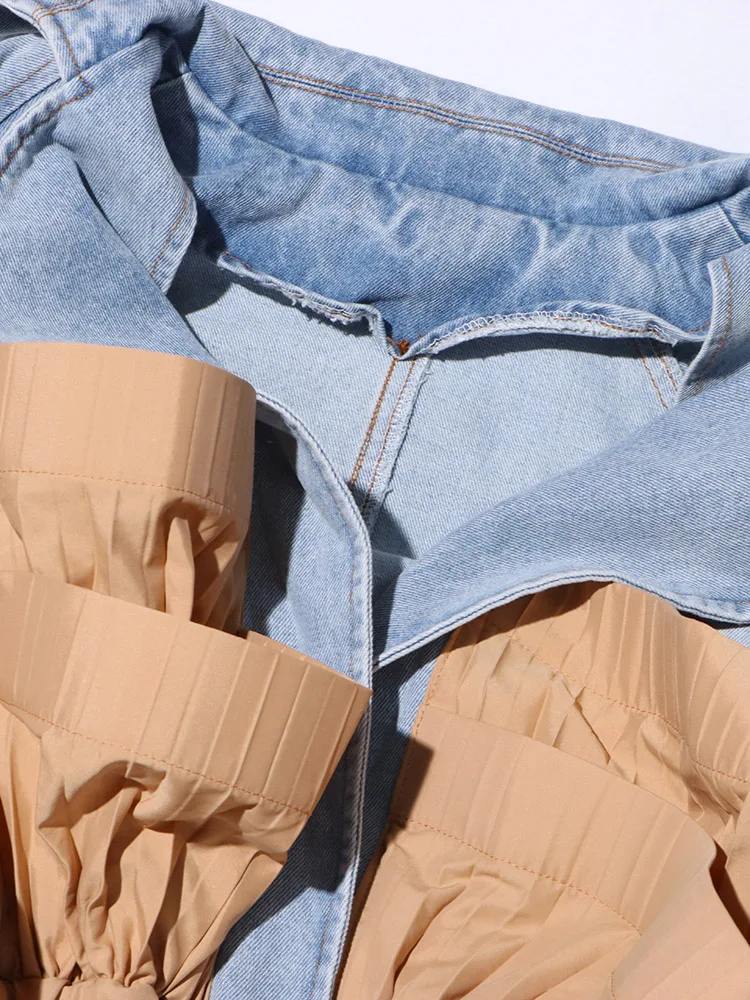 Pileli Volanlı Denim Uzun Kollu bağcıklı Ceket