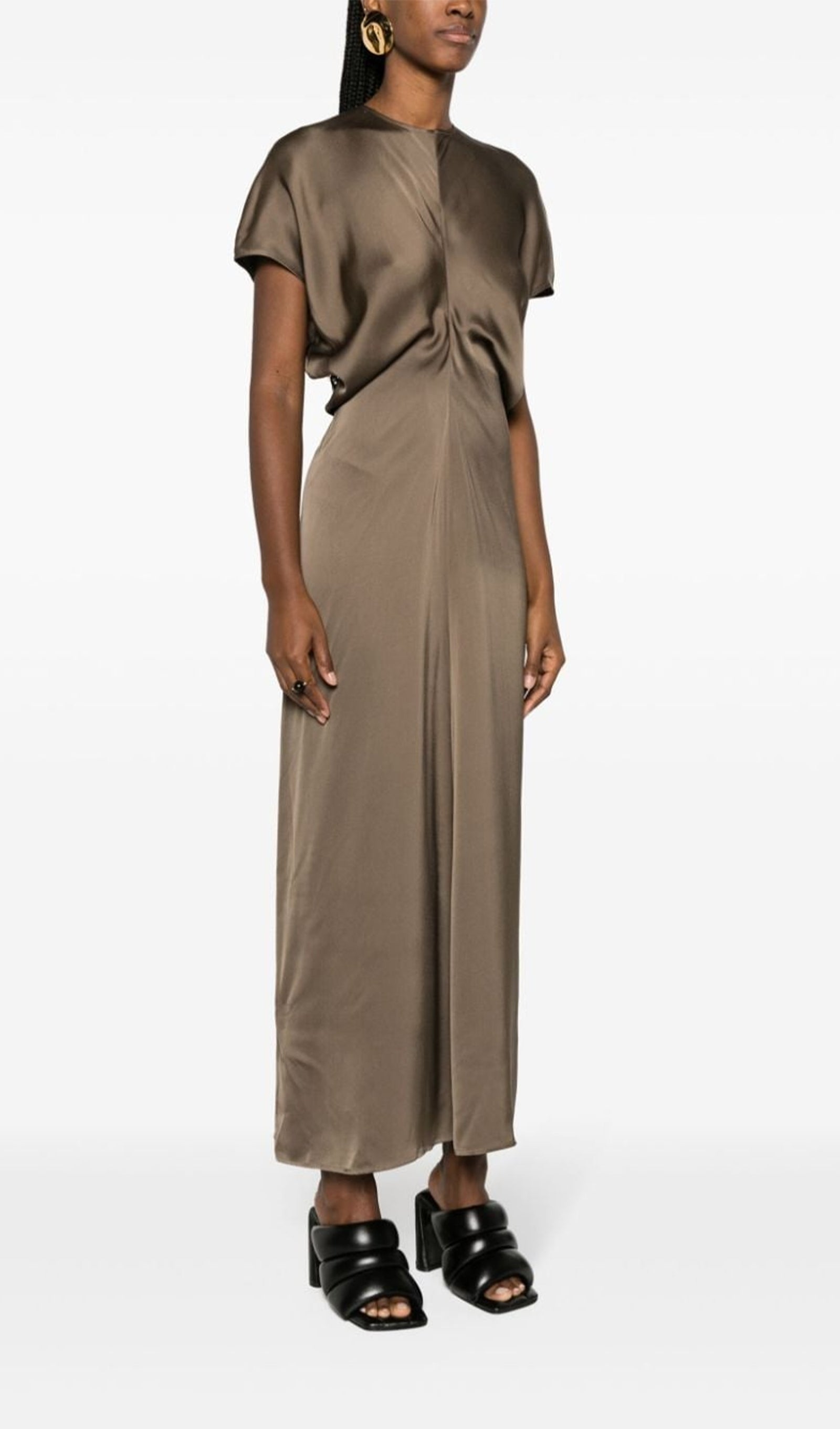 Slouch Waist Satin Midi Dress - Brown 