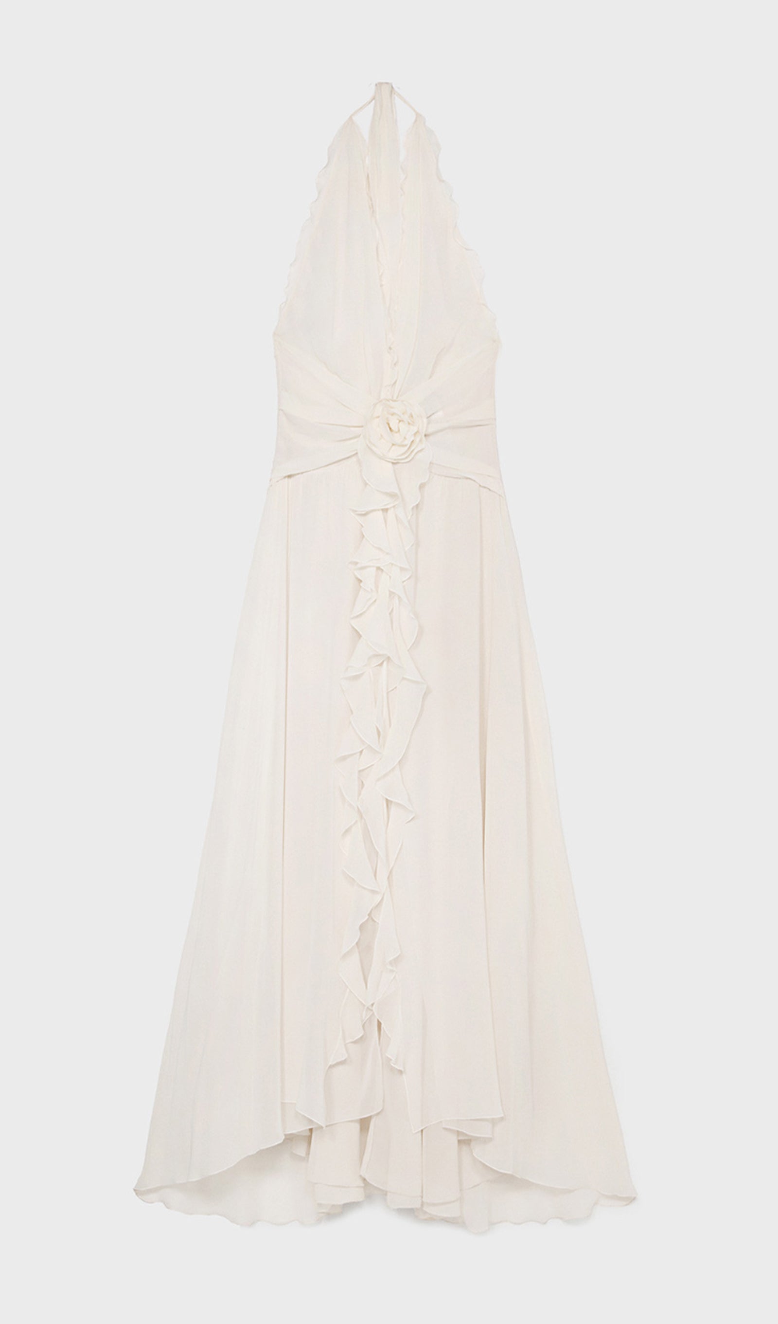 Halter Ruffles Maxi Dress with Rose Embellishments 