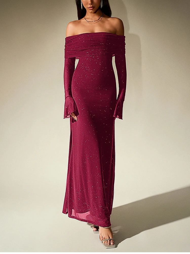 İndi Omuzları Açık Işıltılı Elbise