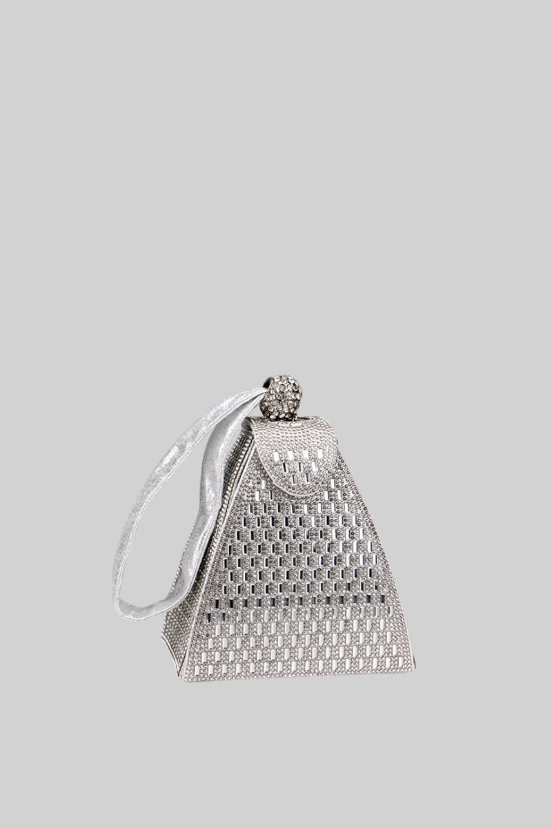 Triangle-shaped metallic bag with gold stones - Silver