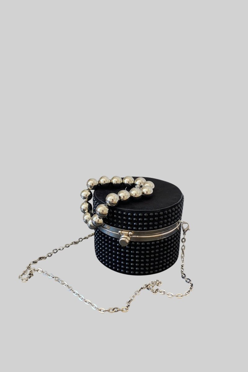 Circular metallic bag, decorated with stones and pearls - Black