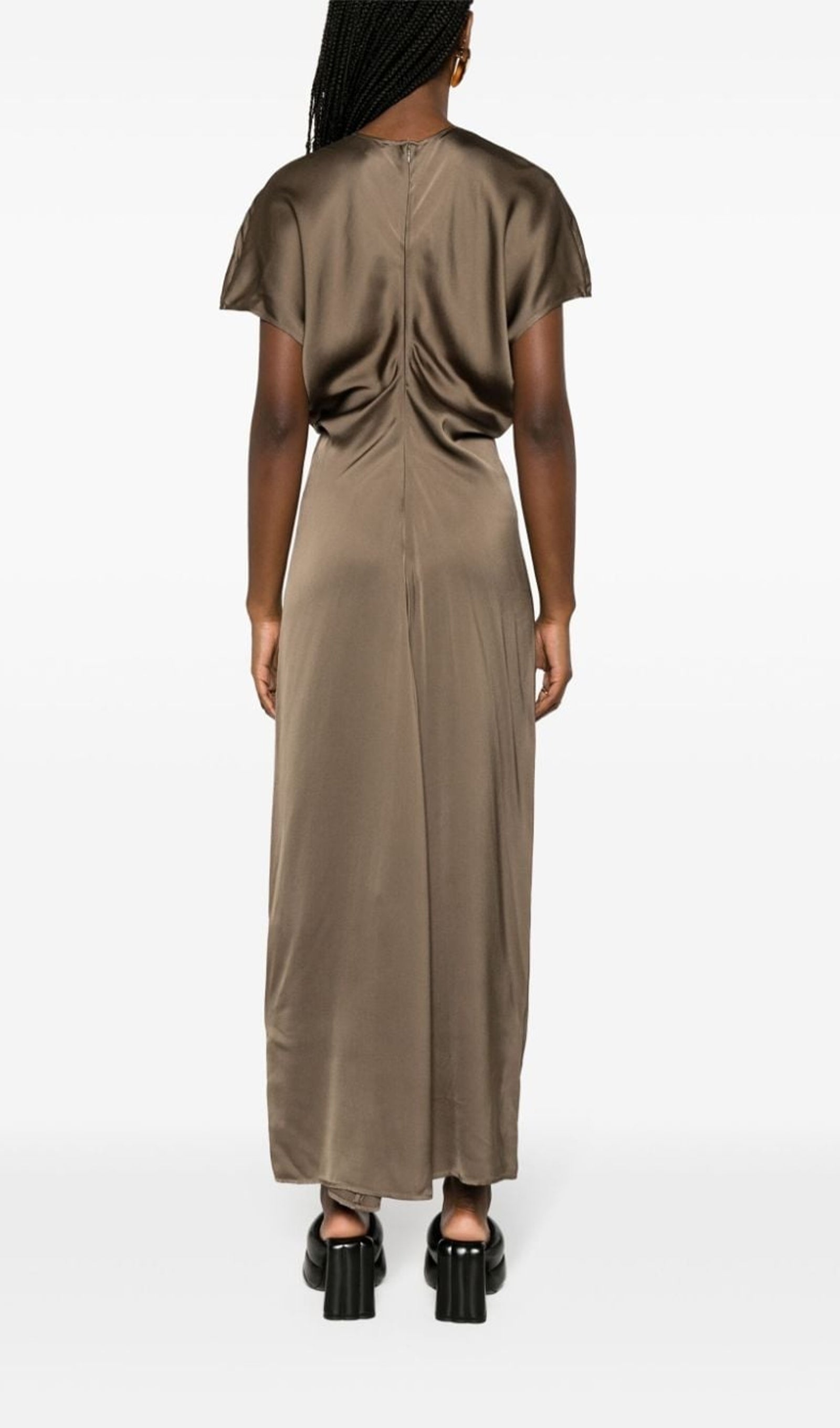 Slouch Waist Satin Midi Dress - Brown 