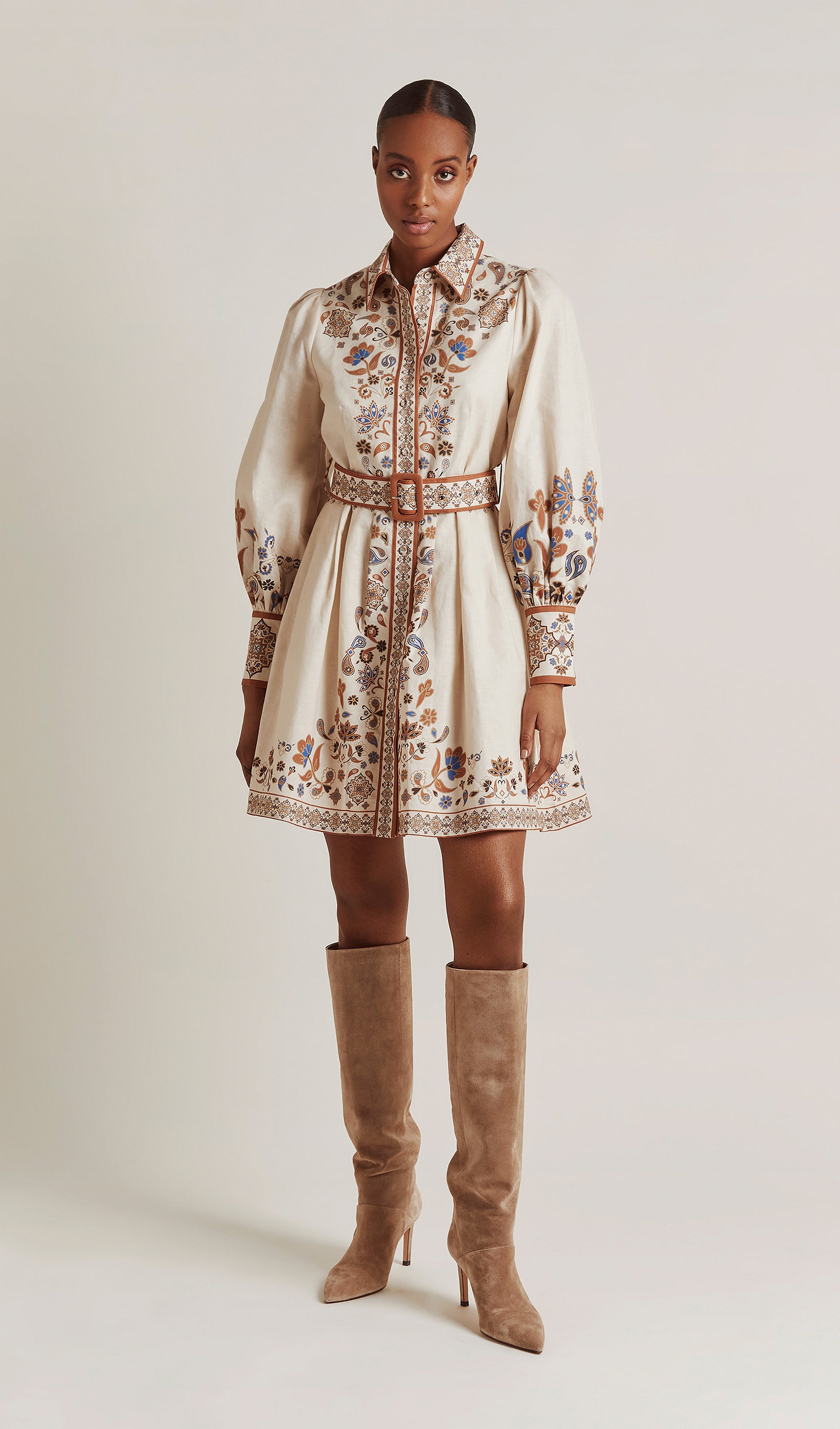 Floral Button-Down Waist Belted A-Line Mini Dress
