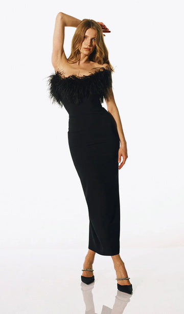 Lena Tüy Süslemeli Midi Elbise Siyah