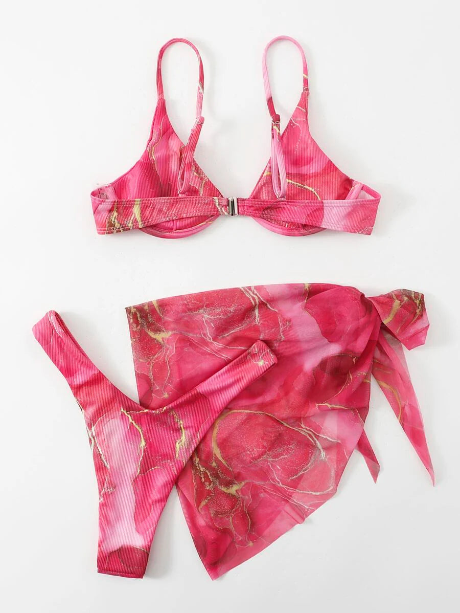 Mermer Desenli Düğümlü Bohem Bikini Takımı