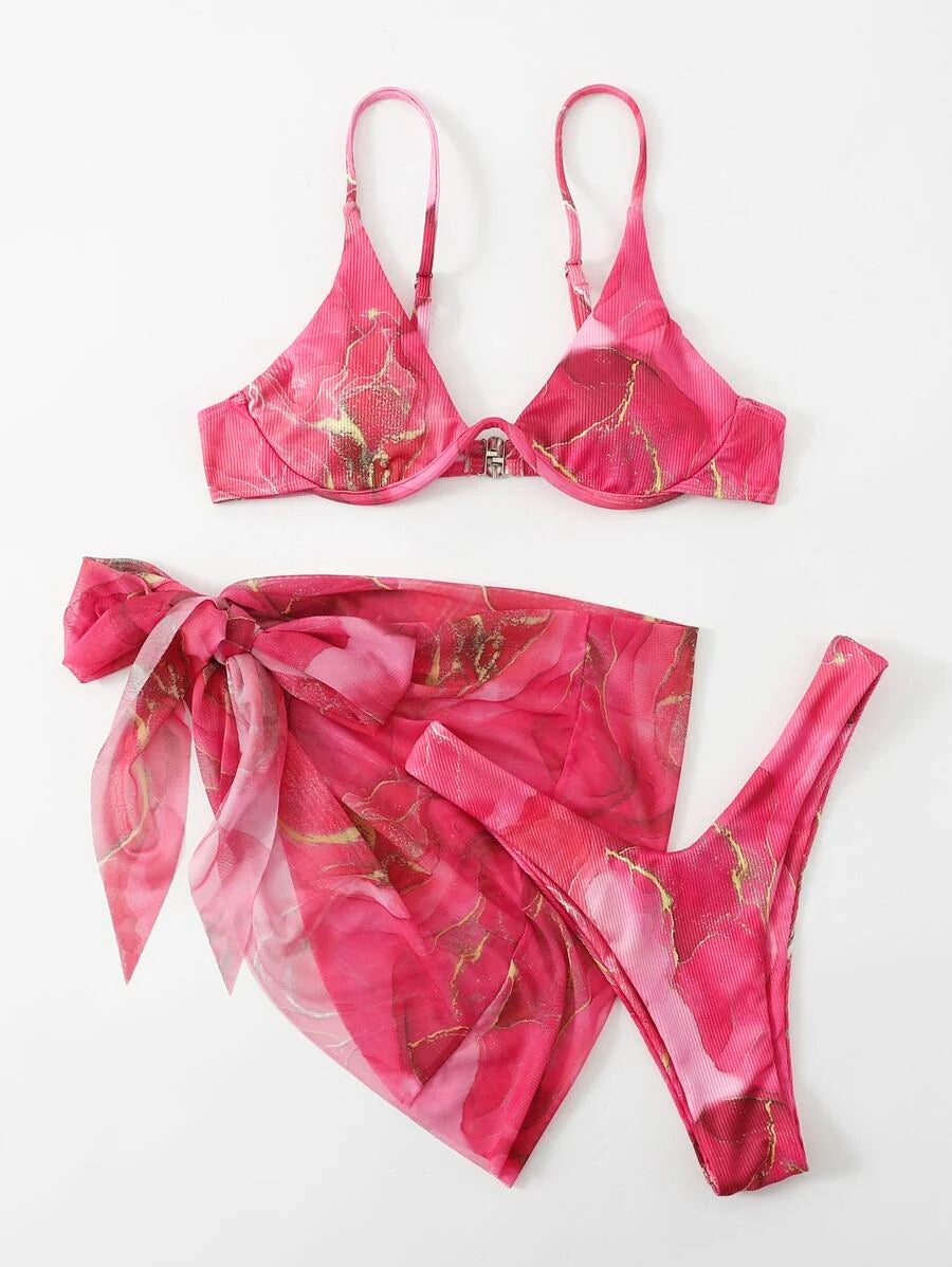 Mermer Desenli Düğümlü Bohem Bikini Takımı