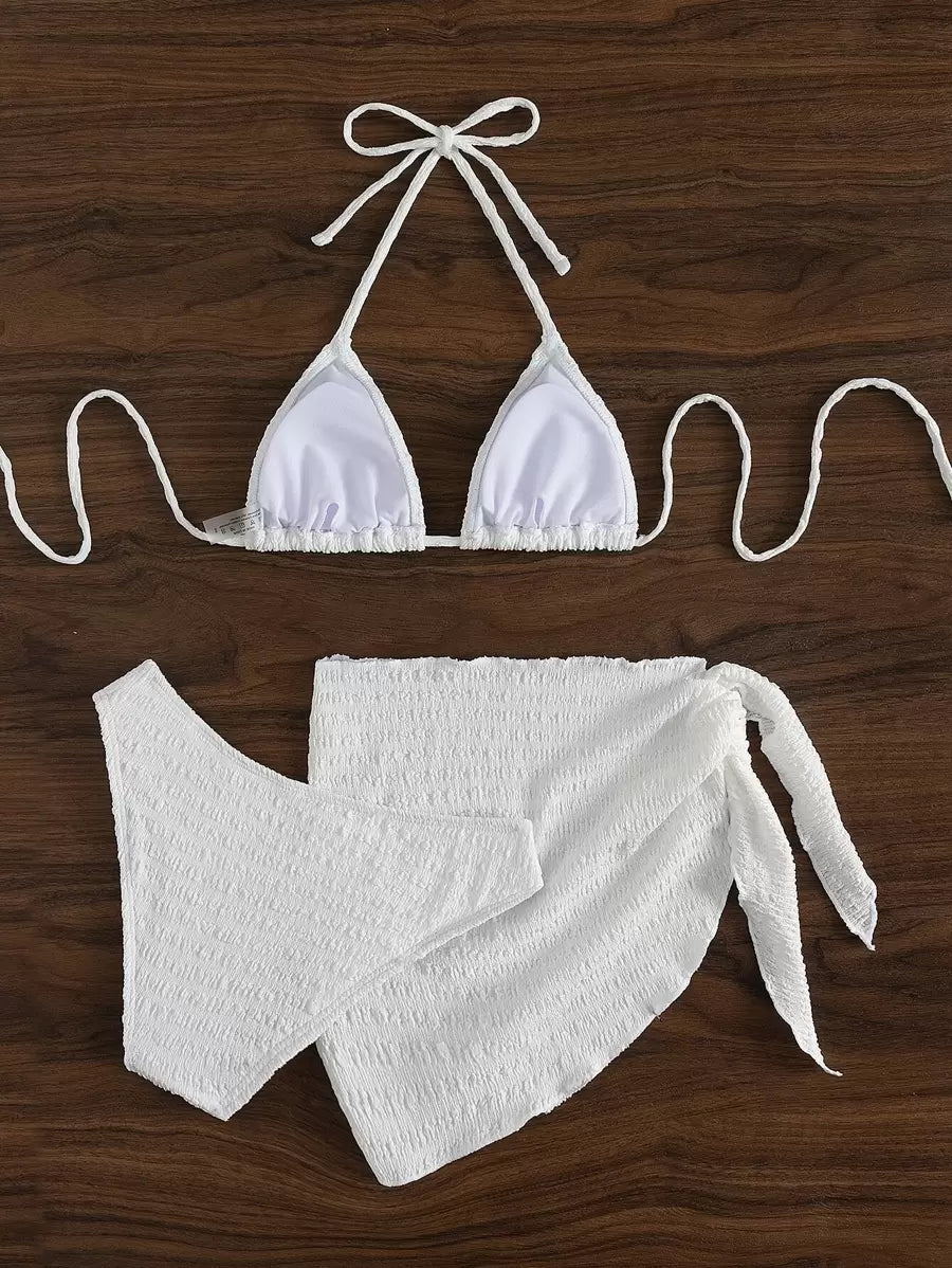 3 Parça Bikini Ve Düğümlü Mini Etek Takımı