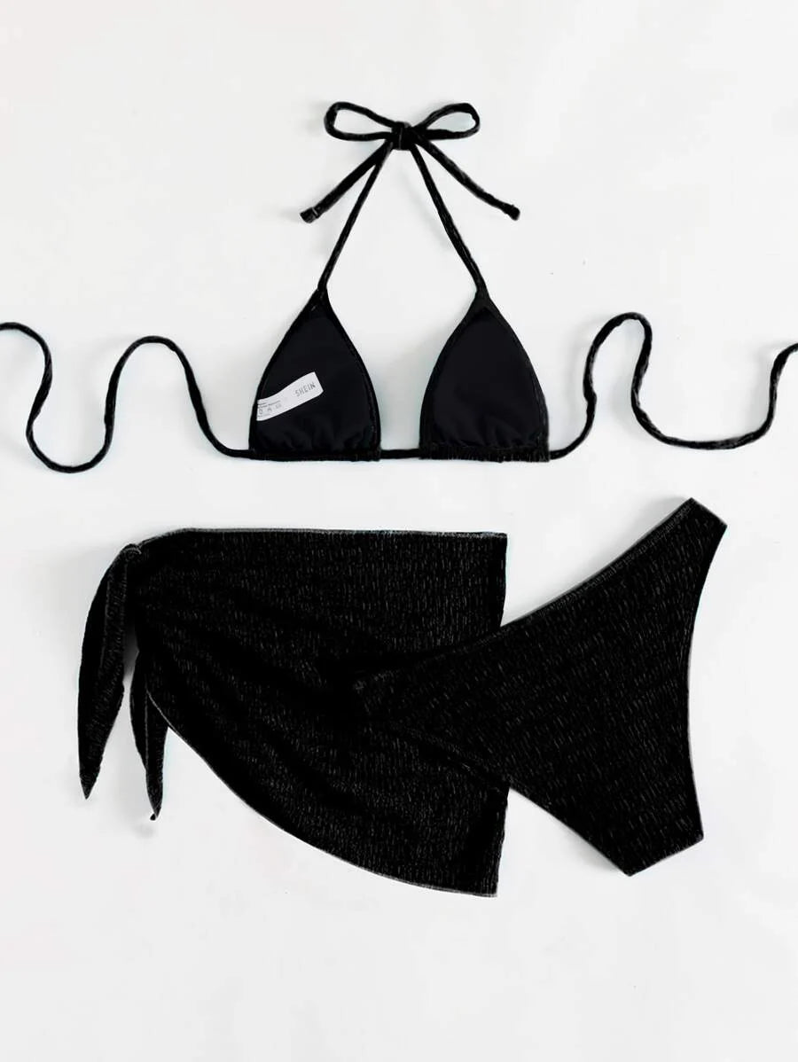 3 Parça Bikini Ve Düğümlü Mini Etek Takımı