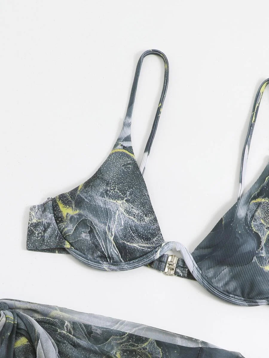 Mermer Desenli Düğümlü Bohem Bikini Takımı