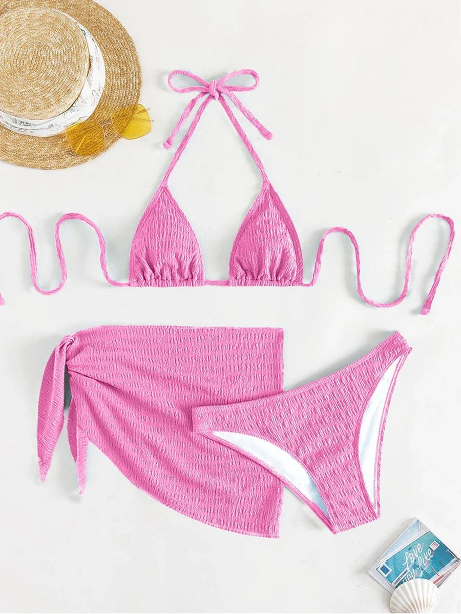 3 Parça Bikini Ve Düğümlü Mini Etek Takımı
