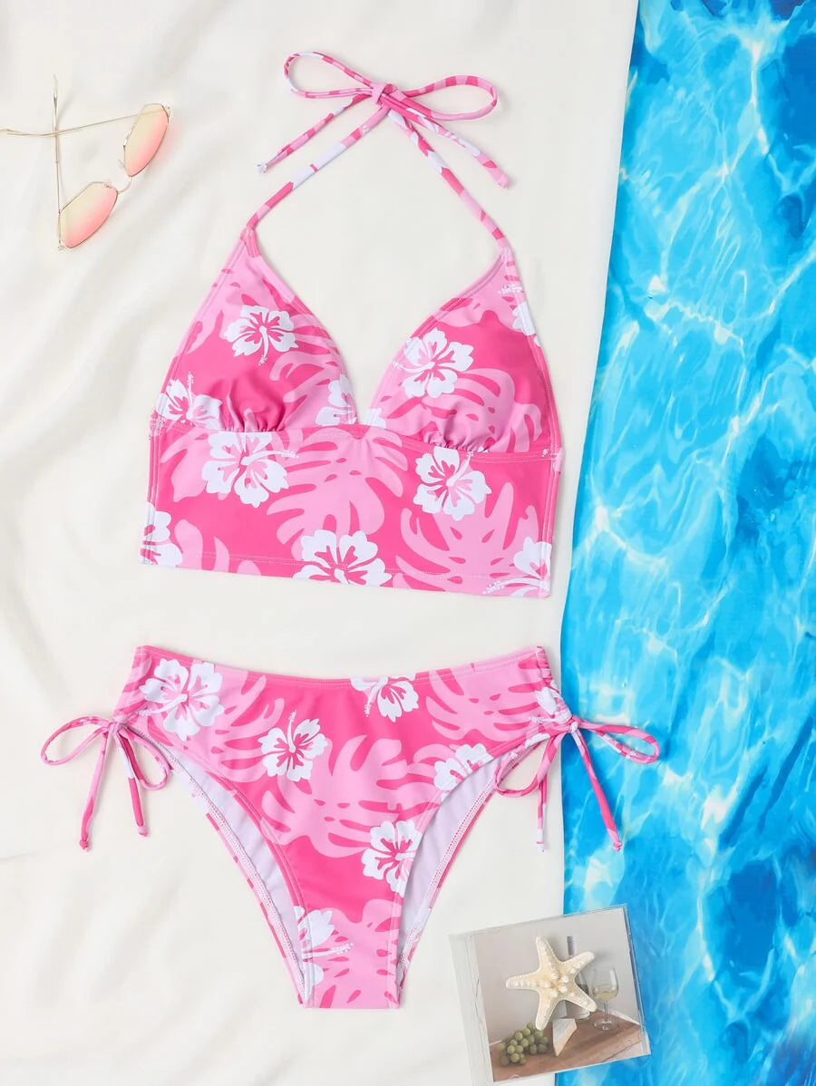 Dantelli Çiçek Desenli Düğümlü Tankini Takımı